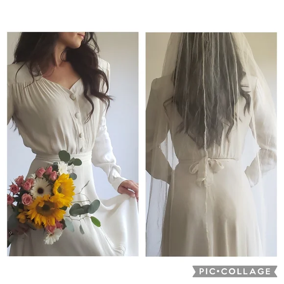 1940s Vintage Bridal Wedding Gown Dress Veil Belt - Picture 3 of 14